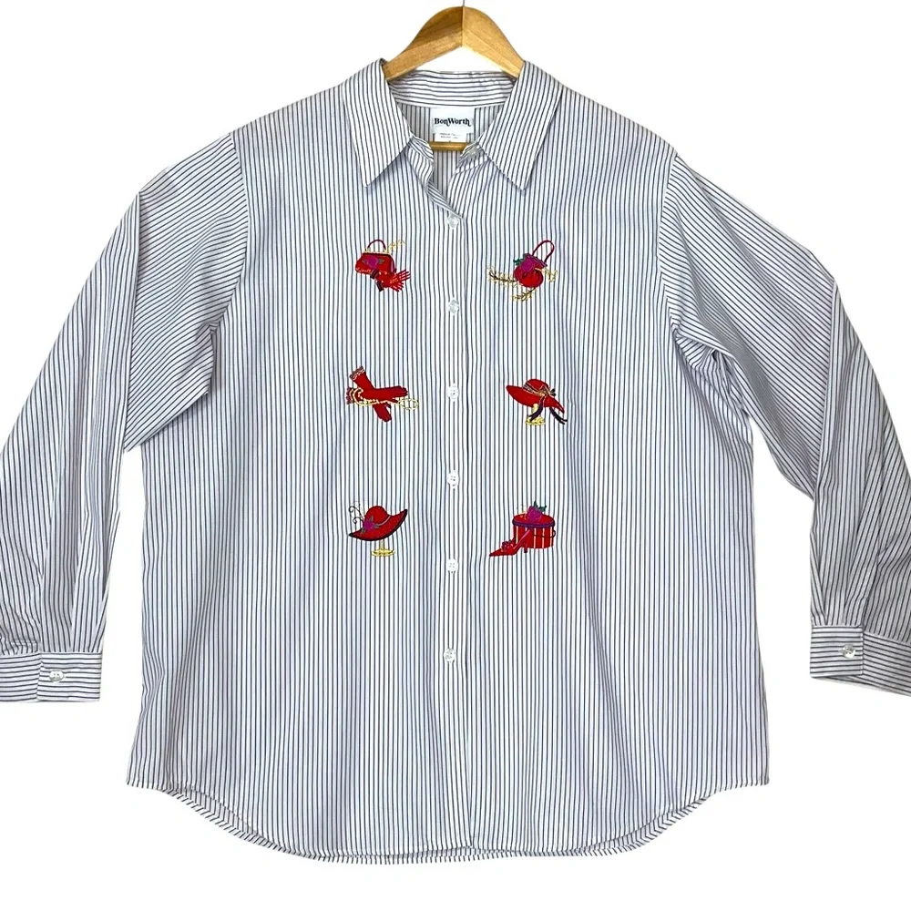 retro BON WORTH sz XL Red Hat Society Long Sleeve Blouse Embroidered Red Purple